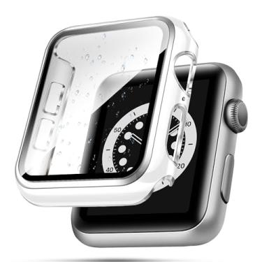 Imagem de top4cus Capa de 38 mm compatível com Apple Watch, com protetor de tela de vidro temperado integrado, capa de PC para iWatch séries 9/8/7/SE 2rd SE 6 5 4/3 2 para escolha (38 mm, borda branca + prata)