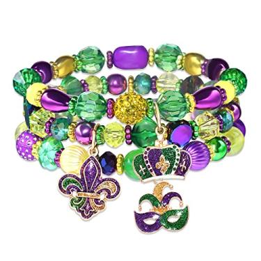 Imagem de NLCAC Pulseiras femininas de carnaval com glitter, coroa de flores de lis, pulseiras elásticas com contas douradas roxas e verdes, acessórios para festas de carnaval, Níquel, Miçanga