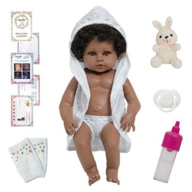 Imagem de Boneca Reborn Realista Negra 100% Vinil Roupão Coelhinho - Cegonha Reb