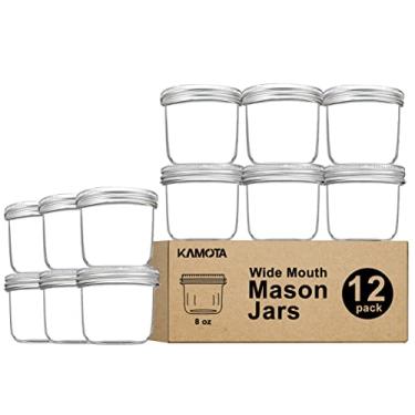 Imagem de KAMOTA Potes Mason de boca larga de 227 g, frascos de conserva de 227 g, potes de conserva com tampas e faixas de boca larga, ideais para geleia, mel, lembrancinhas de casamento, lembrancinhas de