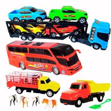 Imagem de Kit Carreta Caminhão Boiadeiro Carrinhos Animais Cegonha - Toys