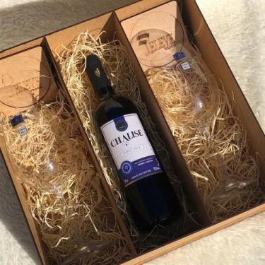 Imagem de kit de caixa de madeira com vinho e taças para presente - Eleve Vinhos