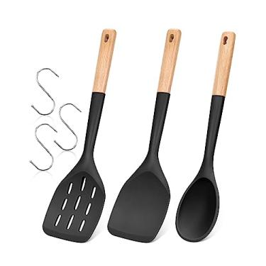 Imagem de Pacote com 3 espátulas de silicone, conjunto de utensílios de cozinha antiaderentes, cabo de madeira para assar, misturar, grelhar, servir alimentos resistentes ao calor (PRETO1)