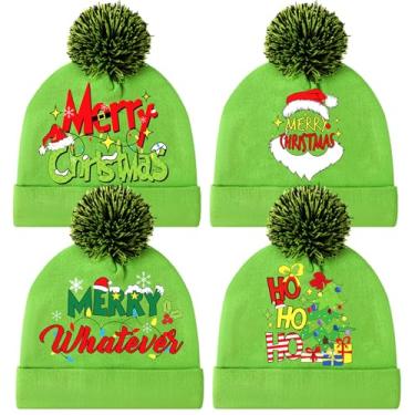 Imagem de Cozypower Gorro de Natal com pompom, 4 peças, gorro de malha de elfo verde limão para adultos, homens e mulheres, fantasia de inverno, Verde, M