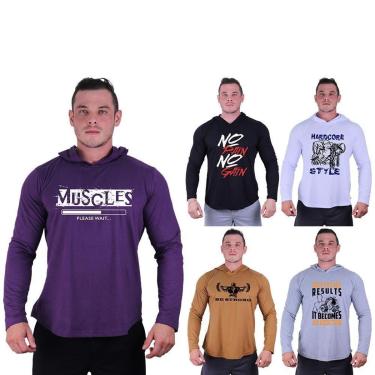 Imagem de Kit 5 Camisetas Manga Longa com Touca Longline Estampada Treino Academia Lazer Casual-Masculino