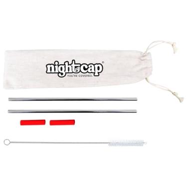 Imagem de NightCap Kit de canudo – o complemento ecológico para sua touca de dormir com 2 canudos reutilizáveis de aço inoxidável, escova de palha, bolsa de transporte e 2 pontas de silicone – Canudos ideais para casa e viagens