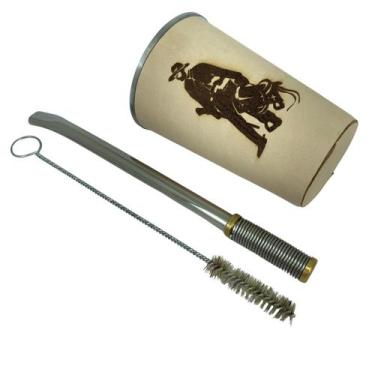 Imagem de Kit tereré copo de couro legítimo cru 200ml + bomba inox de mola com r