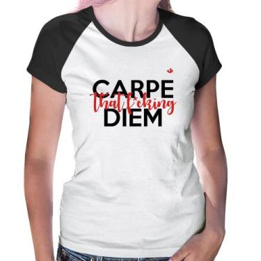 Imagem de Baby Look Raglan Carpe that fucking Diem - Foca na Moda, Branco, Preto