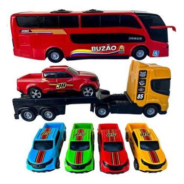 Imagem de Ônibus 2 Andares + Caminhão Cegonheira Cegonha + 5 Carrinhos - Grupo D