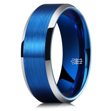 Imagem de THREE KEYS JEWELRY Aliança de casamento masculina básica de tungstênio de 8 mm preta com superfície altamente polida/azul fosco escovado polido borda confortável ajuste tamanho 7-14, Metal não
