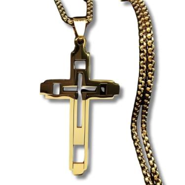 Imagem de Colar Masculino com Crucifixo "Vigente" em Aço Inoxidável – Banhado a Ouro 18k – Fé Cristã, Estilo Discreto e Elegante – Corrente de 60cm – Acompanha Bolsa de Veludo