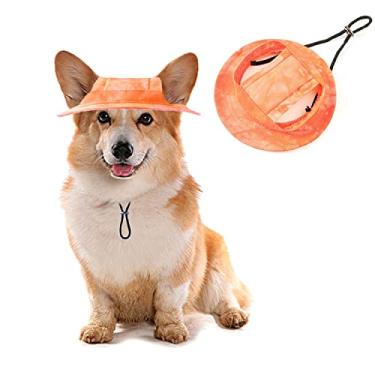 Imagem de HDKUW Chapéu de balde para cães, boné redondo para cães com orifício de orelha, ajustável para viagens ao ar livre, proteção solar, chapéu esportivo para gatos pequenos e médios laranja G