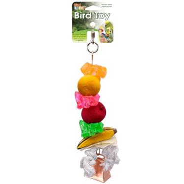 Imagem de Penn-Plax Brinquedo de pássaro Kabob de frutas com sino – Várias texturas, materiais e cores – Ótimo para cinzas africanos, pássaros médios e papagaios pequenos – Grande