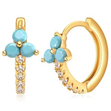 Imagem de Brincos de argola femininos BENEIGE com formato geométrico e olho de cobra com cruz de estrela turquesa CZ brinco de argola banhado a ouro 14 K