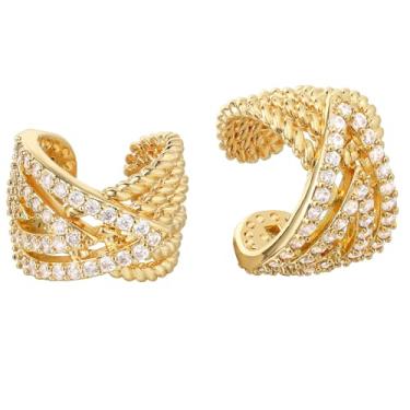 Imagem de BENEIGE Brincos de orelha femininos banhados a ouro 14 K, brincos de orelha banhados a ouro 14 K, conjunto de punhos para o dia a dia para mulheres, Latão, Sem pedra preciosa