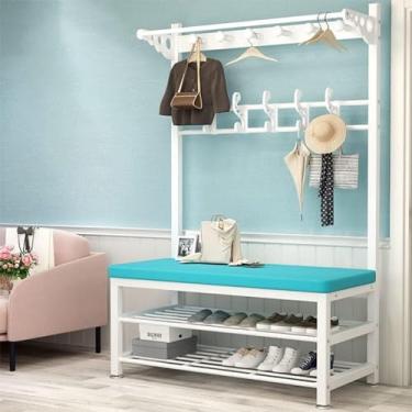 Imagem de Cabideiro, banco de sapato, banco de armazenamento industrial, banco de armazenamento para entrada, estilo tubo, chapéu grande e suporte de casaco, árvore de salão industrial com prateleira de