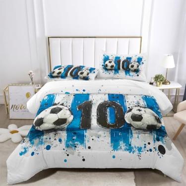 Imagem de XIICOO Conjunto de cama para fãs de futebol azul e branco pintado à mão, arte de futebol vintage, decoração esportiva, 1 edredom + 2 fronhas (3 peças) ou lençol (4 peças) (A, COMPLETO - 3 peças)