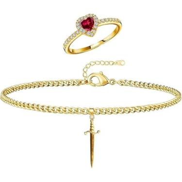 Imagem de Conjunto de pulseira de espada de coração para casal, conjunto de anel e pulseira combinando ouro/prata, corrente de elos de espada, anel de compromisso de pedra preciosa vermelha para sua espada