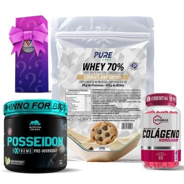 Imagem de Kit Whey Protein Cookies + Colágeno 120 Cápsulas Vitamax + Pré Treino Posseidon-Unissex