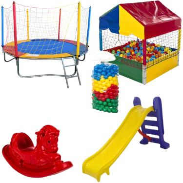 Imagem de Cama Elástica 2,30m Piscina de Bolinha 1,00m c/ 500 Bolinhas Escorregador Médio Gangorra 1 Lugar