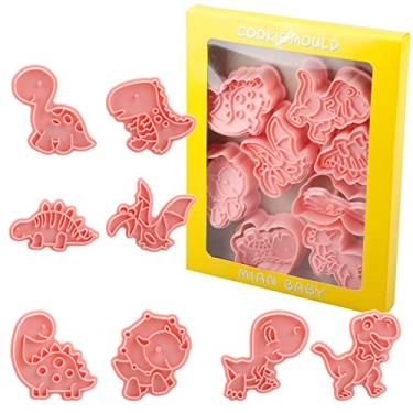 Imagem de Conjunto de cortadores de biscoito de dinossauro, 8 peças GLADFRESIT cortadores de biscoito de dinossauro 3D para festa de aniversário infantil, pastelaria, fondant, decoração de bolo