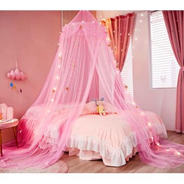 Imagem de Nattey Dossel de cama para meninas com luzes de estrela, cortinas de cama de dossel de princesa, rede mosquiteira com estrela dourada para decoração de quarto de meninas, dossel para cama de solteiro,