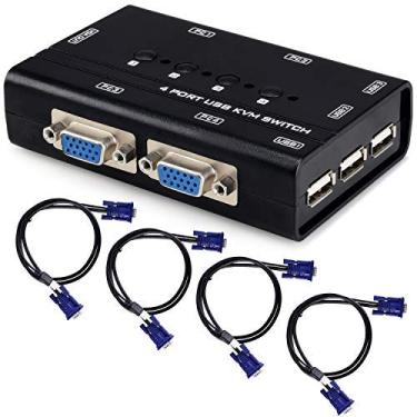 Imagem de Comutador KVM USB VGA com 4 cabos, seletor de 4 portas para compartilhamento de 4 peças, um monitor de vídeo e 3 dispositivos USB, teclado, mouse, scanner e impressora