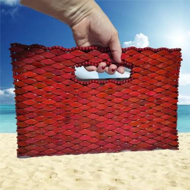 Imagem de Bolsa Artesanal Madeira Retangular Vermelha Alça Embutida