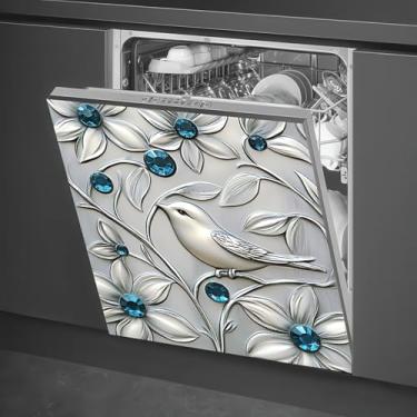 Imagem de BlissYard Capa magnética de pássaro para lava-louças prata imitação de aço inoxidável padrão de pássaro e flor adesivo magnético para máquina de lavar louça de cozinha capa de porta de geladeira ímãs