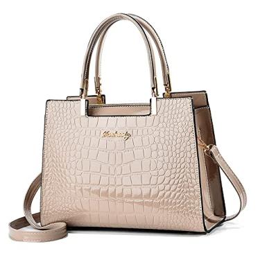 Imagem de Caalaay Bolsa feminina de couro envernizado brilhante com estampa de crocodilo e alça superior, bolsa de mão com zíper, bolsa média, Caqui, One Size