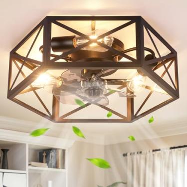 Imagem de Wheatronic Ventiladores De Teto Pretos De 20 Polegadas Com Luzes E Controle Remoto, Ventiladores De Teto Farmhouse Fandelier Com Luzes, Luminária De Teto Industrial De Gaiola Preta Com Ventiladores