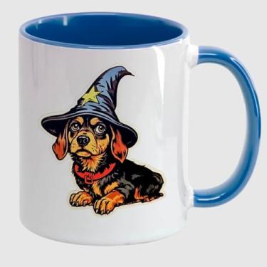 Imagem de Caneca Porcelana Branca Alça e Interior Azul Jeans 325ml - DACHSHUND CACHORRO CHAPEU MAGO