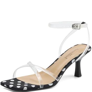 Imagem de AIUNIIND Sandálias femininas quadradas, bico aberto, salto gatinho, tiras no tornozelo, sandálias femininas confortáveis para festas, Bolinhas pretas, 36