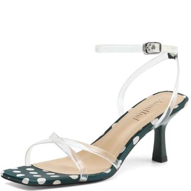 Imagem de AIUNIIND Sandálias femininas quadradas, bico aberto, salto gatinho, tiras no tornozelo, sandálias femininas confortáveis para festas, Bolinhas verdes, 37