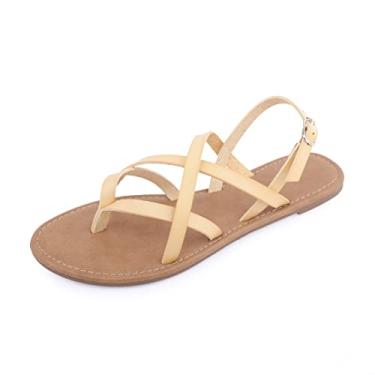 Imagem de Sandália feminina gladiadora rasteira pescador com tiras no tornozelo, Bege, 5.5