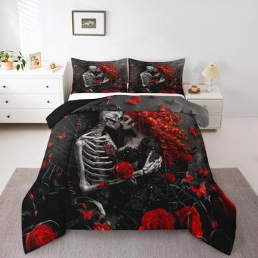 Imagem de jejeloiu Jogo de cama king para amantes de caveiras, romântico, rosa, para meninos, meninas, adolescentes, arte gótica, edredom macio, leve, para decoração de quarto de poliéster, com 2 fronhas