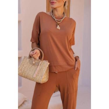 Imagem de Conjunto Feminino Moletinho Calça e Blusa Manga Curta Casual Plus Size