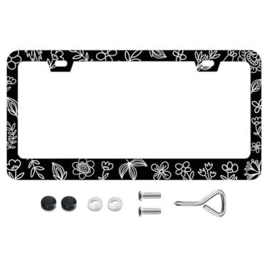 Imagem de Molduras fofas de placa de carro preto e branco floral moldura de placa de licença desenhada à mão rabisco flores metal engraçado suporte para placa de carro 6,3 x 31,2 cm para decoração de carro para