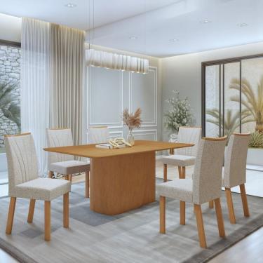 Imagem de Conjunto Sala de Jantar Luar 170Cm Tampo No Glass com 6 Cadeiras Apogeu Amêndoa Clean/Boucle Bege