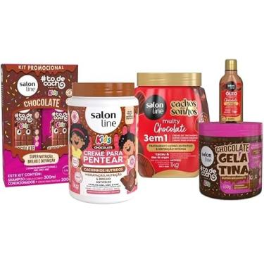 Imagem de Kit Chocolate Kids com Shampoo 300ml, Condicionador 200ml, Gelatina 550g, Creme para Pentear e Creme Multy 1Kg e Óleo 50ml