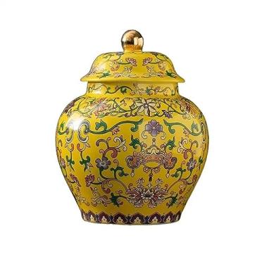 Imagem de Lata de Chá Vasilha de chá de esmalte clássico de luxo cerâmica grande chá preto chá verde vedação jarro de armazenamento doméstico Lata de Chá(Yellow)