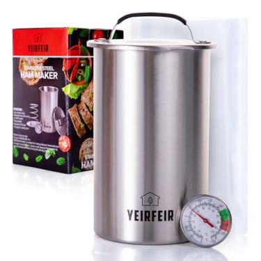Imagem de YEIRFEIR Prensa de presunto de aço inoxidável 304 com termômetro de mostrador grande e alça de toque frio, ferramenta de cozimento para presunto para carnes, incluindo 20 sacos de cozinha e guia de