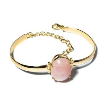 Imagem de Bracelete Quartzo Rosa Pedra Natural Mini Cabochão Dourado - Cristaisd