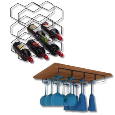 Imagem de Adega Suporte para 9 Garrafas de Vinho com Organizador de Taças para 12 Unidades Aramado Aço Carbono Preto Ideal para Cozinha Bar e Sala Decoração e Organização Prático e Resistente