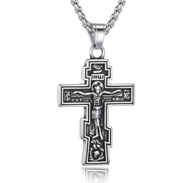 Imagem de LILILEIDY Colar de cruz ortodoxa para homens e mulheres - Pingente vintage de crucifixo bizantino, joia cristã religiosa de aço inoxidável, Aço inoxidável de alta qualidade, hipoalergênico, sem níquel