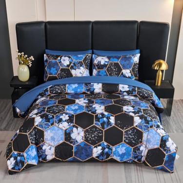 Imagem de ANGIYUIN Jogo de cama casal azul e preto, conjunto de edredom de mármore, branco, floral, dourado, geométrico, em uma bolsa com lençol com lençol para mulheres e homens