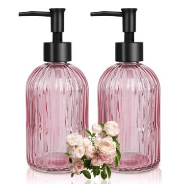 Imagem de Dispensador de sabão de vidro com bomba de plástico, dispensador de sabão de mão para lavar as mãos, dispensador de loção para detergente líquido, gel de banho de loção (rosa listrado)