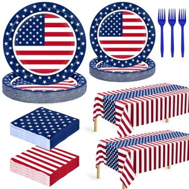 Imagem de QZYL 122 peças de decorações de 4 de julho, pratos e guardanapos patrióticos, prato de papel descartável de 4 de julho e garfos de toalha de mesa de guardanapo, design de bandeiras americanas