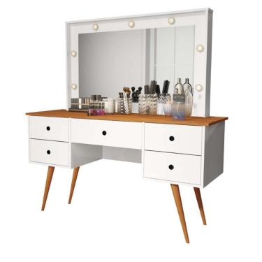Imagem de Penteadeira Camarim Com Led Espelho Bancada De Maquiagem Pé Madeira Retrô 5 Gaveta Branco / Nature