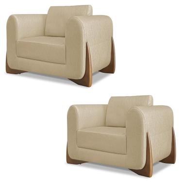 Imagem de Poltrona Para Sala Base De Madeira Kit 2 Izzy S06 Linho Dourado - Mpozenato